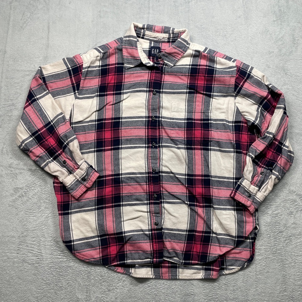 Gap Flannel Button Up Mens Large Pink Black Plaid Long Sleeve Shirt